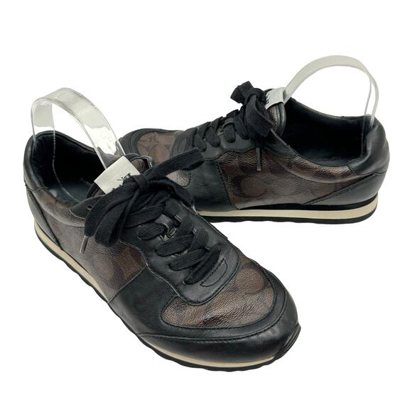 Coach C121 Runner Brown Mahogany & Black Signature Leather Lace Up Sneakers - Picture 1 of 13